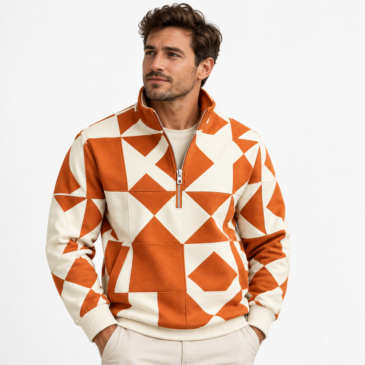 Men's quarter-zip sweatshirt with a geometric print and stand collar