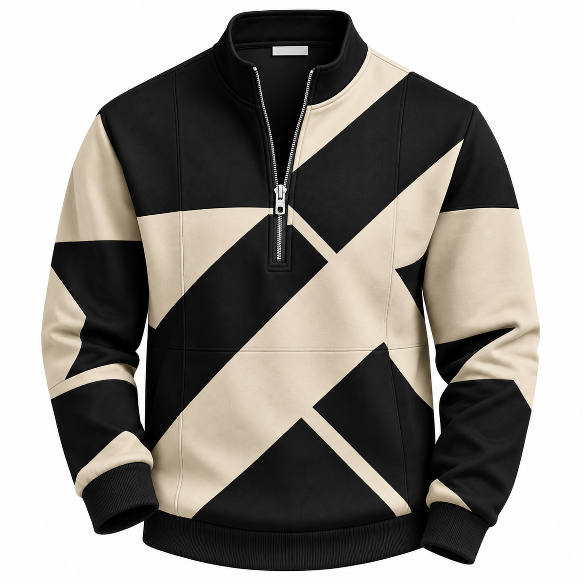 Men's quarter-zip sweatshirt with a geometric print and stand collar - black/beige