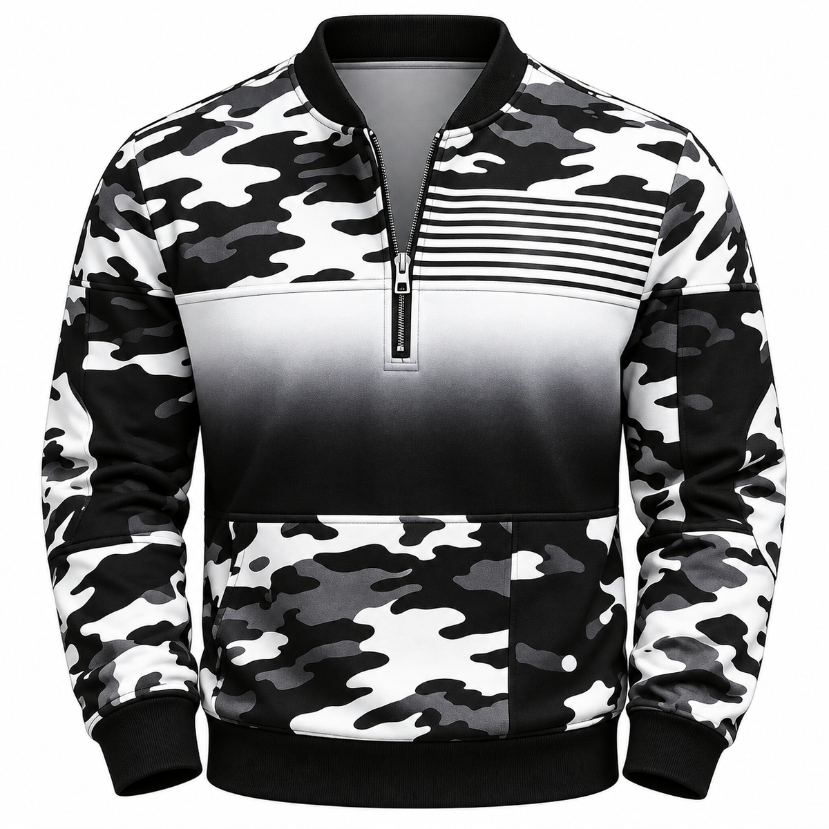 Men's quarter-zip sweatshirt with a geometric print and stand collar - black/white camo