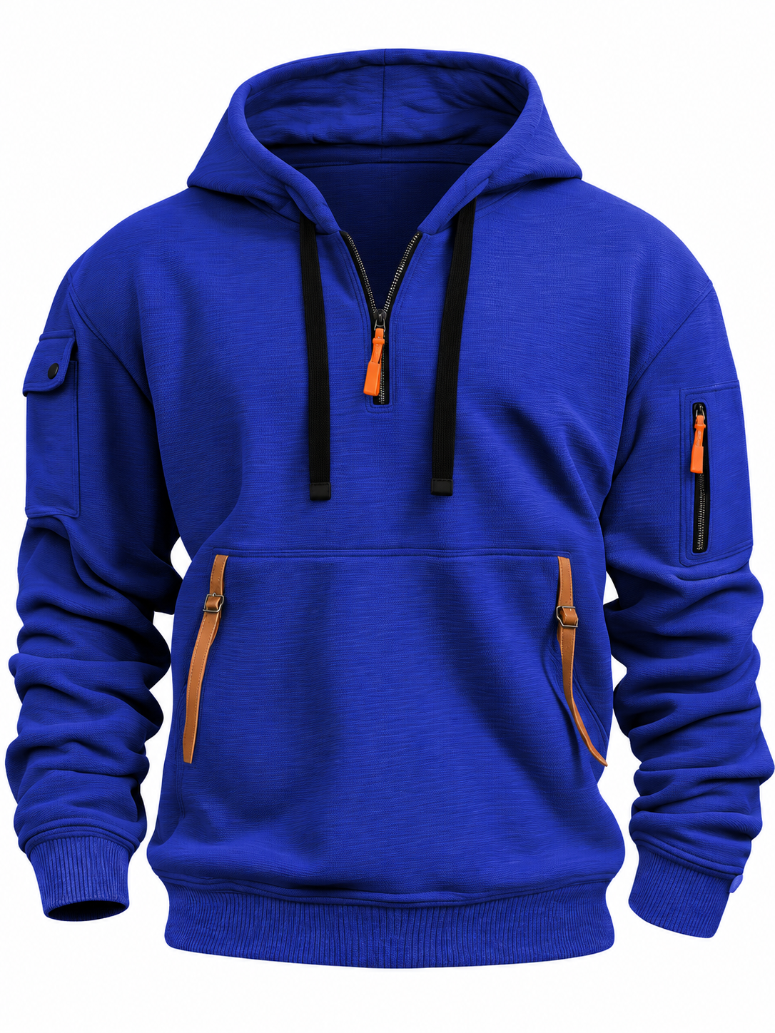 Men's quarter-zip hoodie with contrast zip pockets - cobalt blue