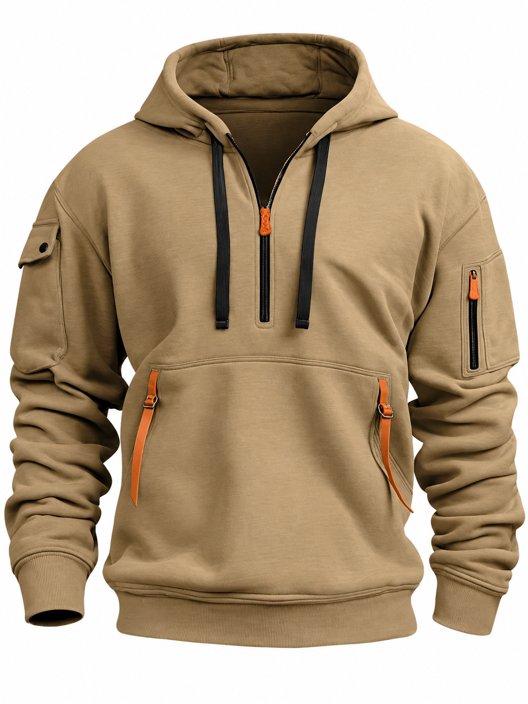 Men's quarter-zip hoodie with contrast zip pockets - sand