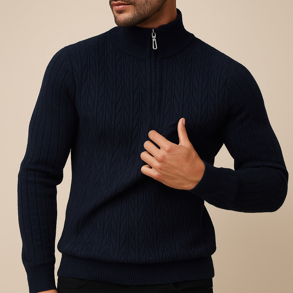 Men's quarter-zip jumper with a stand collar and vertical herringbone ribs - navy