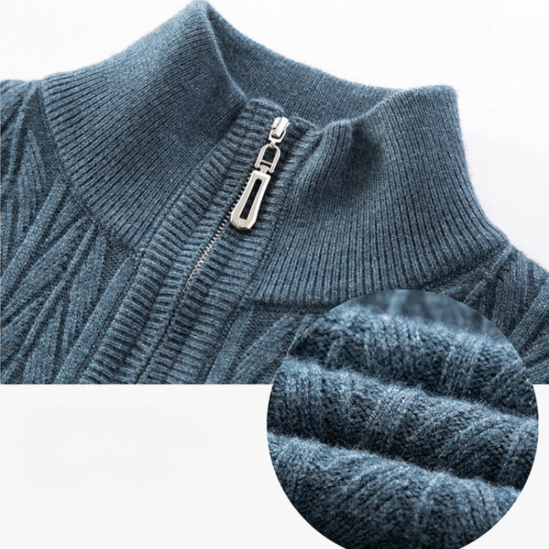 Men's quarter-zip jumper with a stand collar and vertical herringbone ribs - view 6