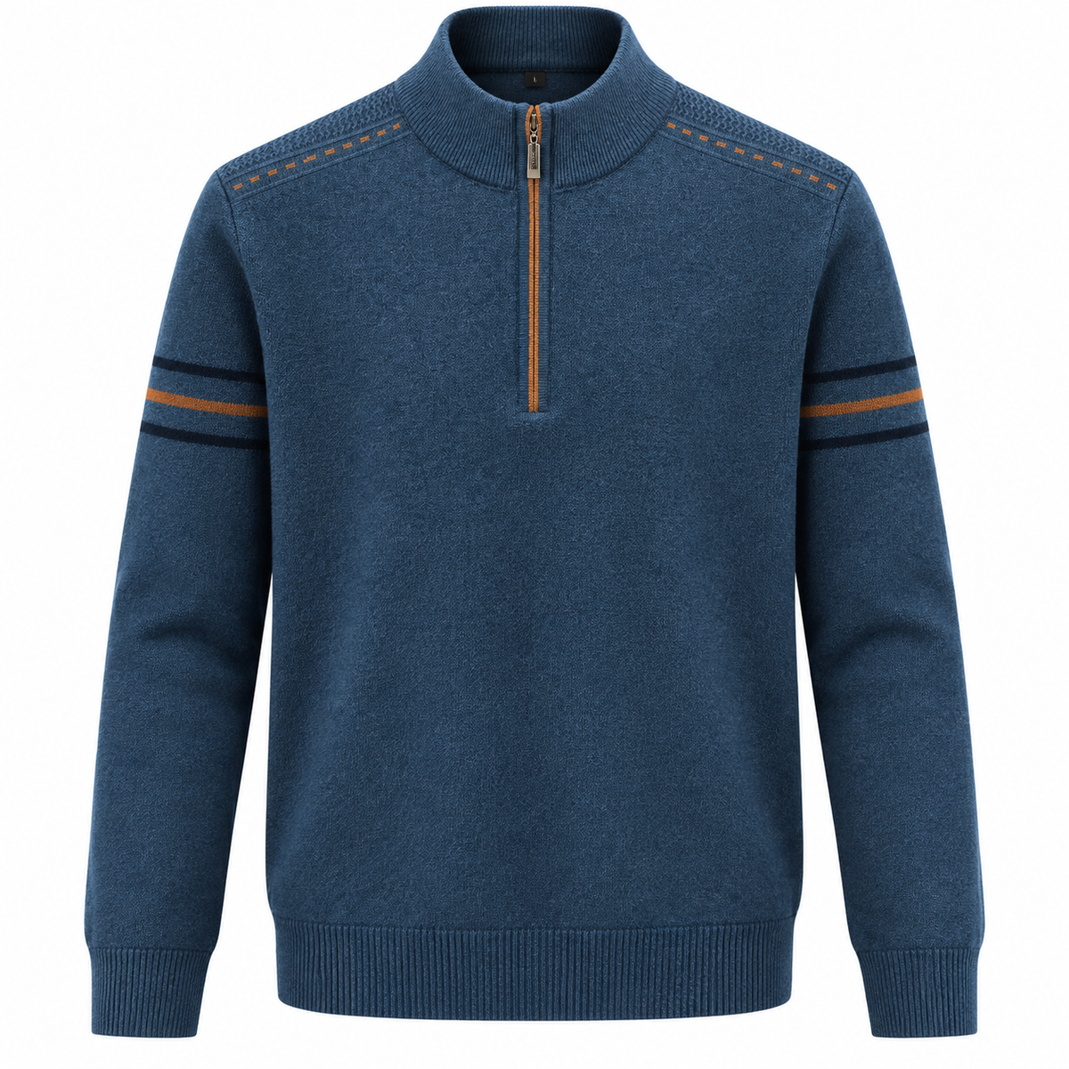 Men's quarter-zip jumper with a stand collar and striped sleeves - blue