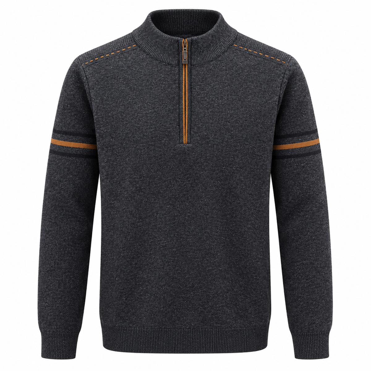 Men's quarter-zip jumper with a stand collar and striped sleeves - charcoal