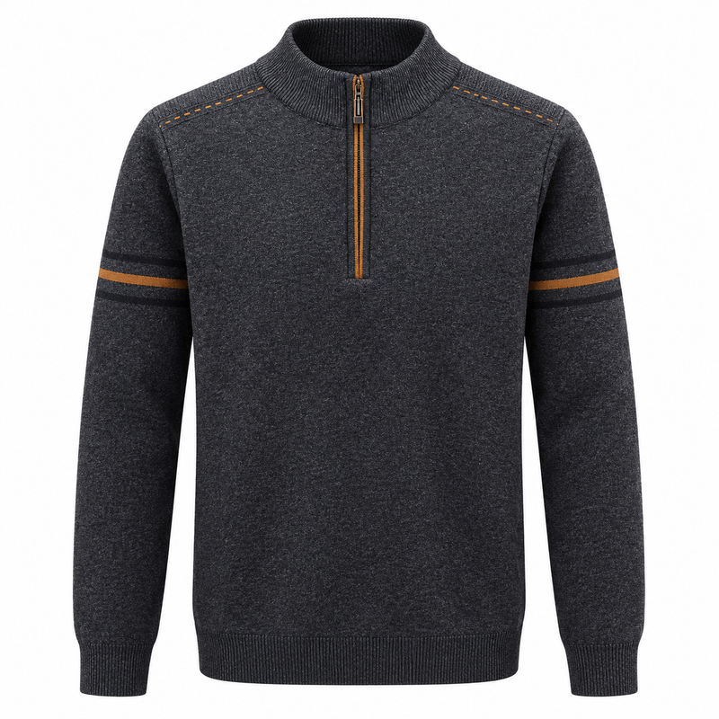 Men's quarter-zip jumper with a stand collar and striped sleeves - charcoal