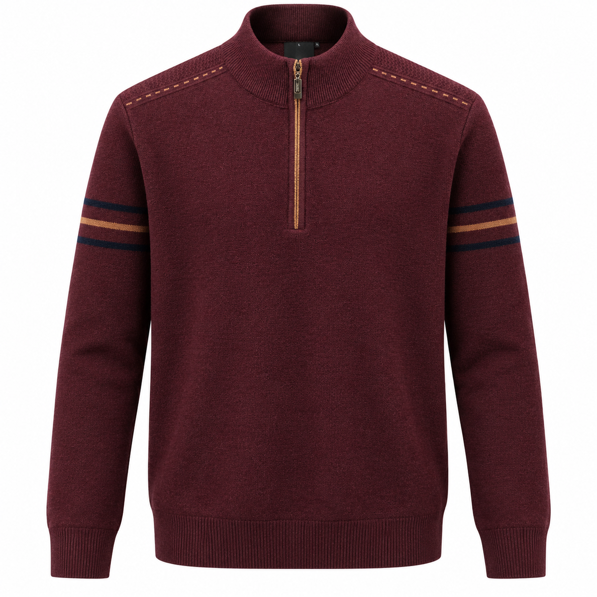 Men's quarter-zip jumper with a stand collar and striped sleeves - burgundy