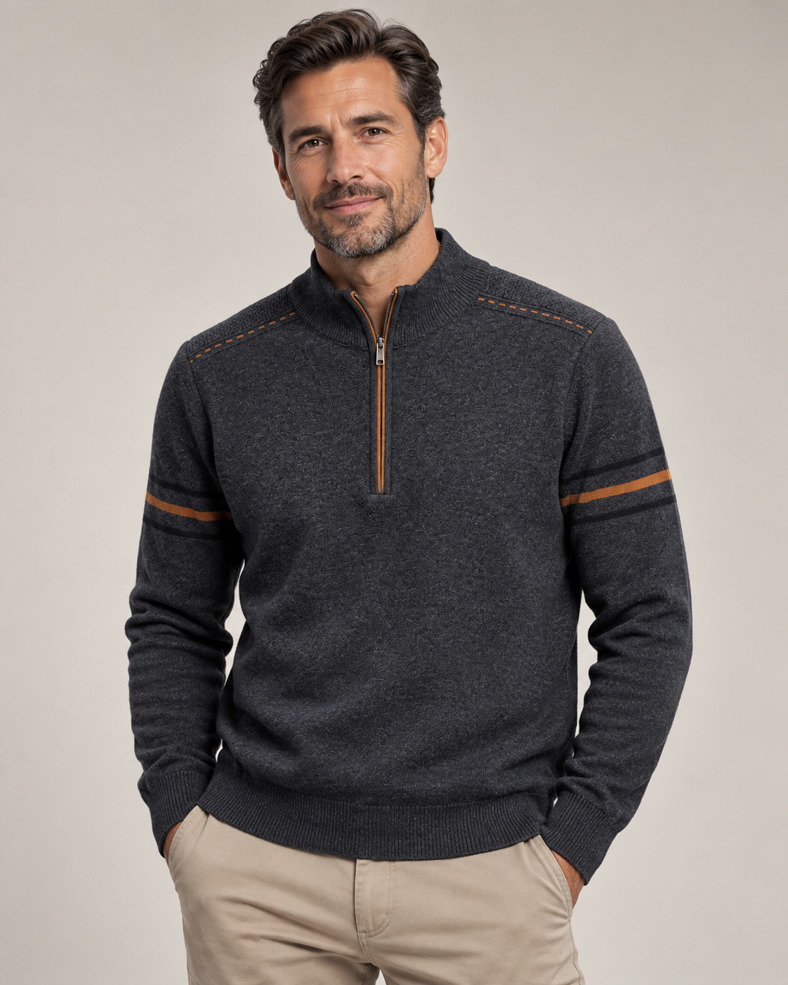 Men's quarter-zip jumper with a stand collar and striped sleeves