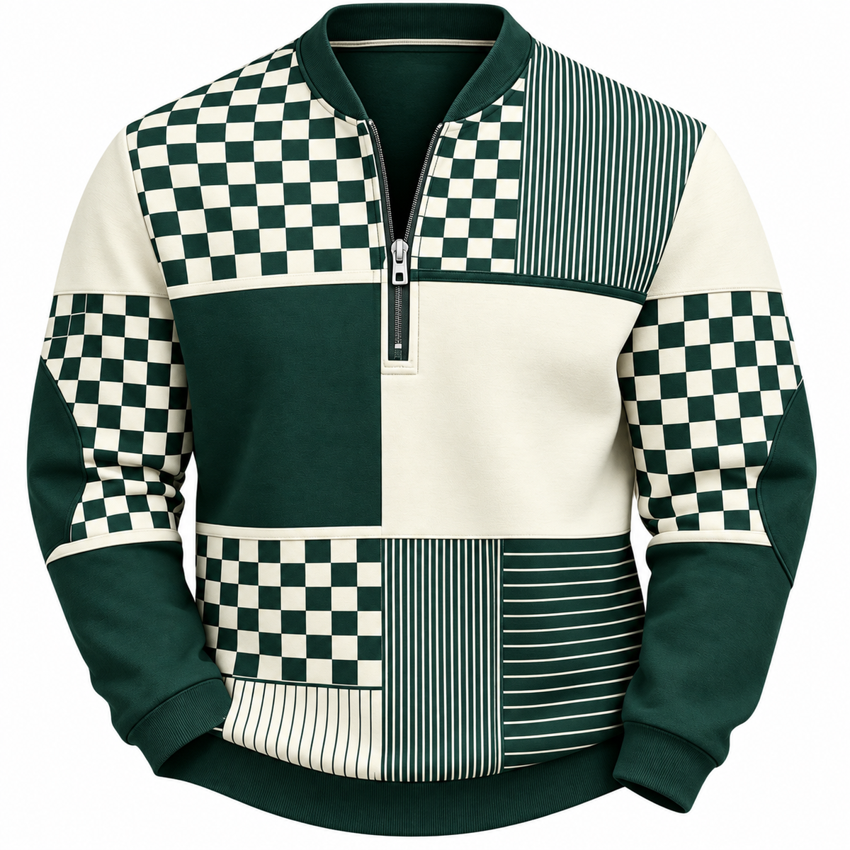Men's quarter-zip sweatshirt with a patchwork print and stand collar - green