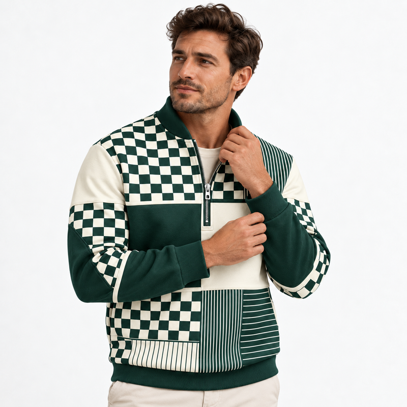 Men's quarter-zip sweatshirt with a patchwork print and stand collar