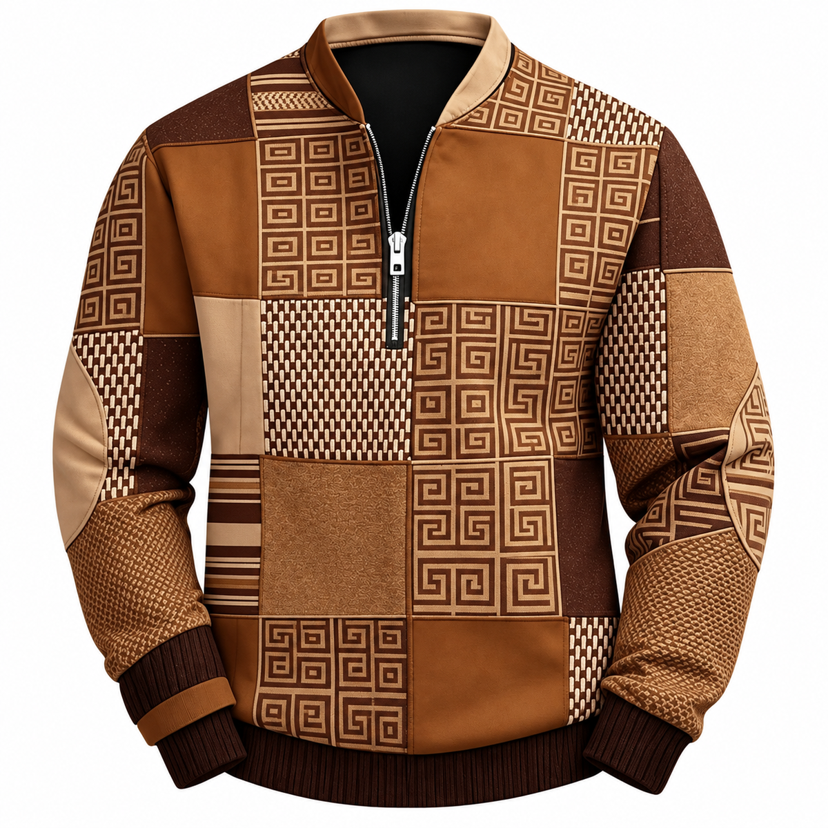 Men's quarter-zip sweatshirt with a patchwork print and stand collar - camel
