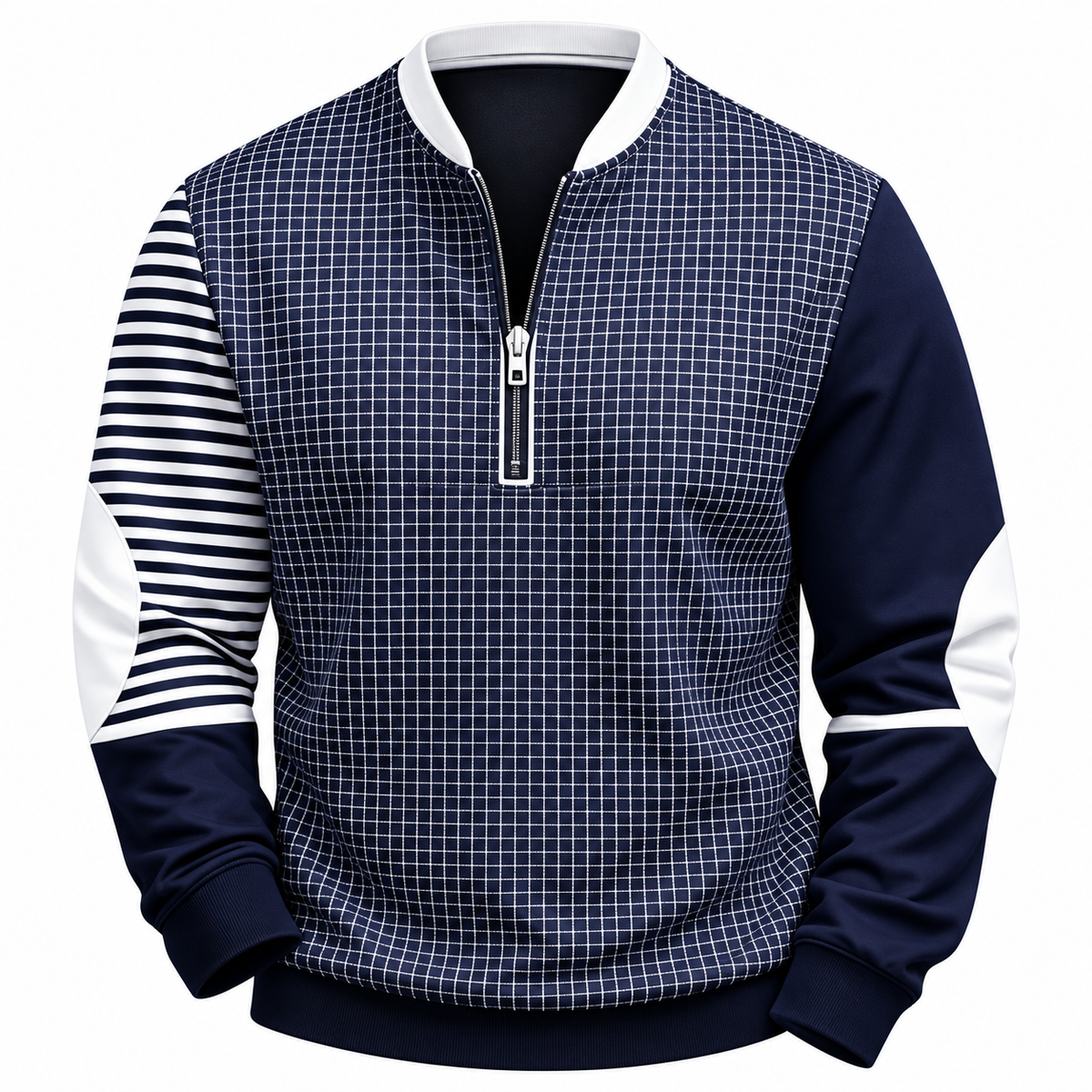 Men's quarter-zip sweatshirt with a patchwork print and stand collar - navy