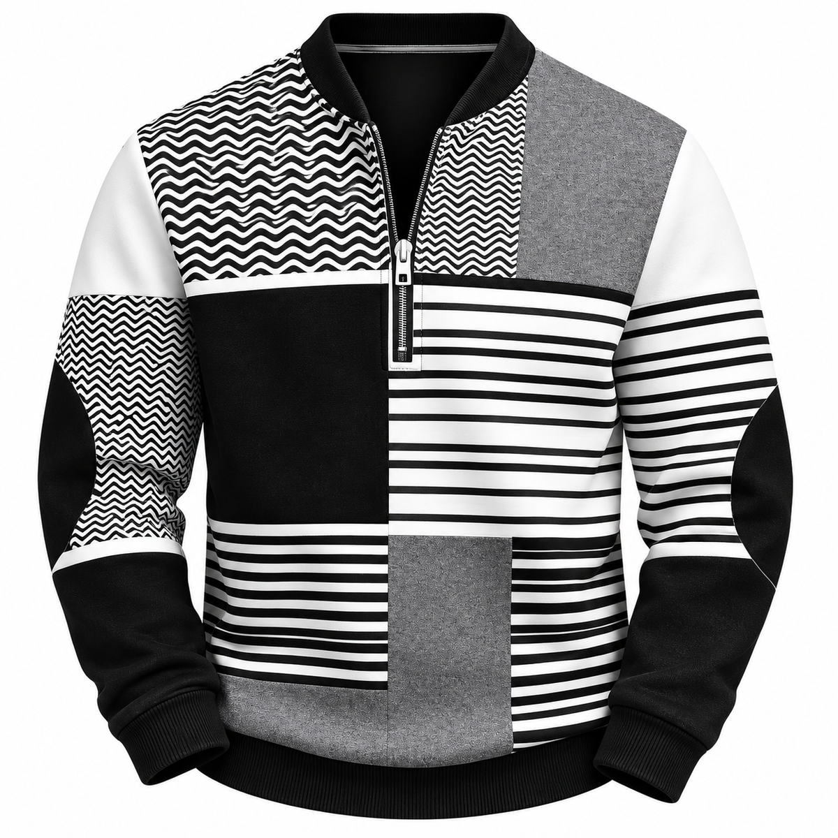 Men's quarter-zip sweatshirt with a patchwork print and stand collar - black/grey