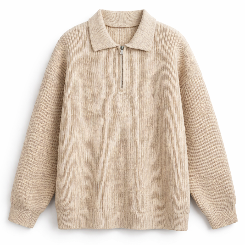 Men's relaxed quarter-zip jumper in chunky rib with a polo collar - beige