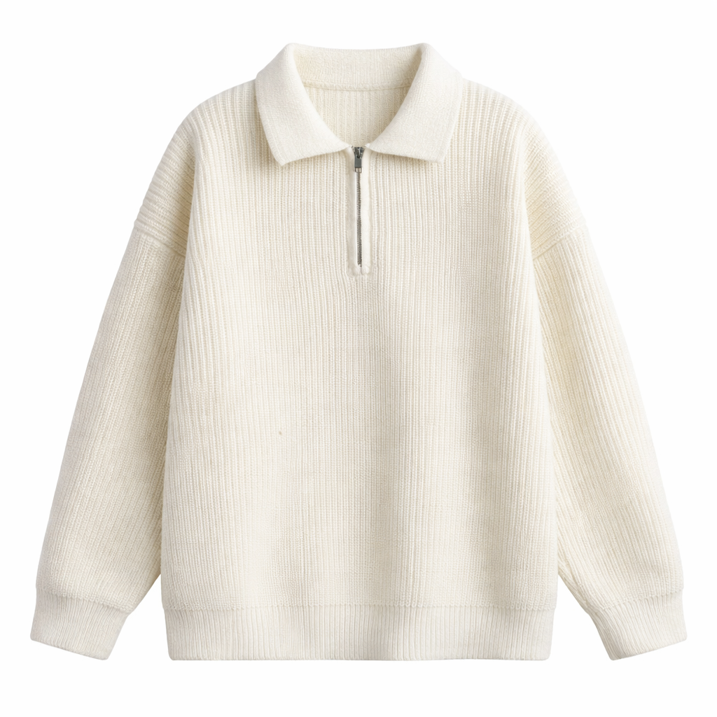 Men's relaxed quarter-zip jumper in chunky rib with a polo collar - ivory