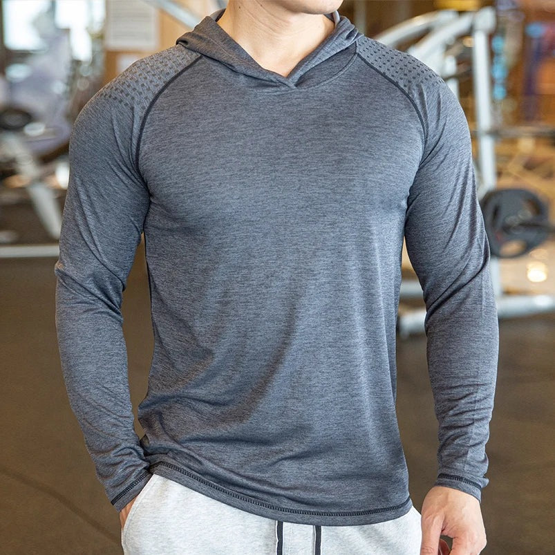 Men's hooded gym top with long raglan sleeves - grey