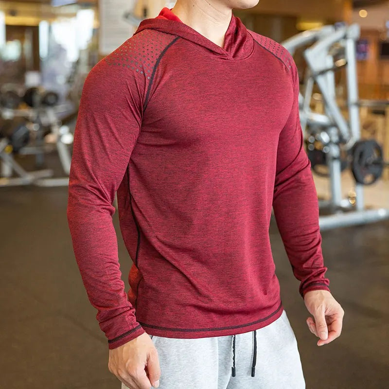 Men's hooded gym top with long raglan sleeves - red