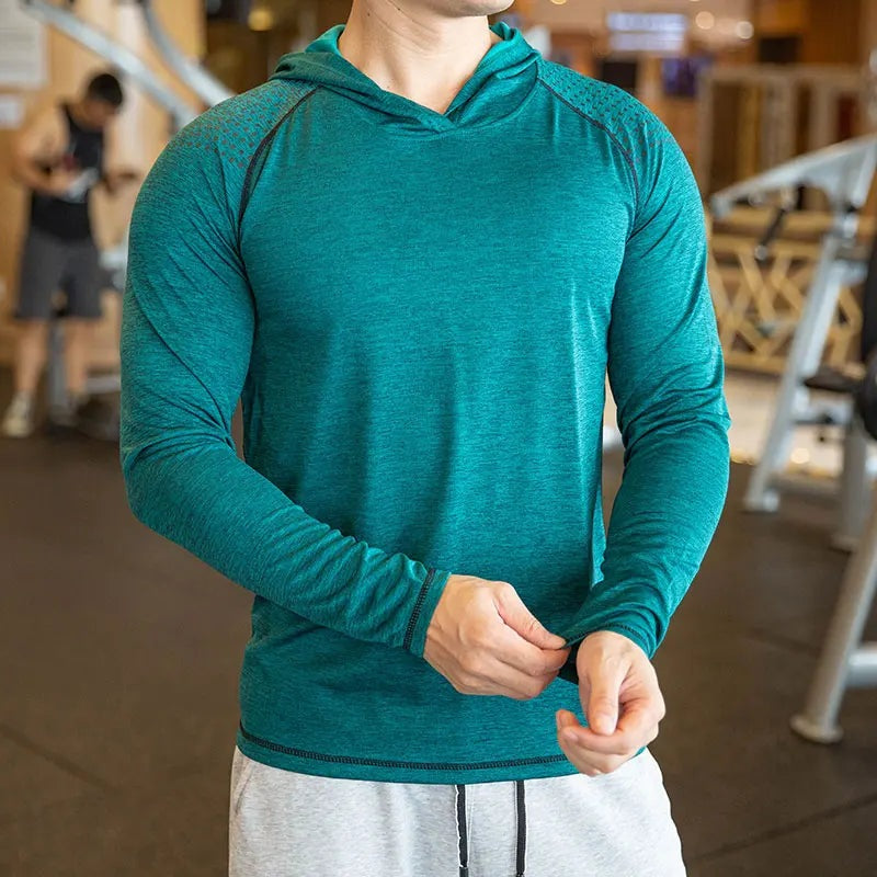Men's hooded gym top with long raglan sleeves - teal