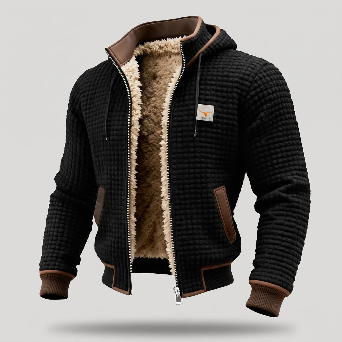 Men's quilted fleece jacket with a hood and sherpa lining - black