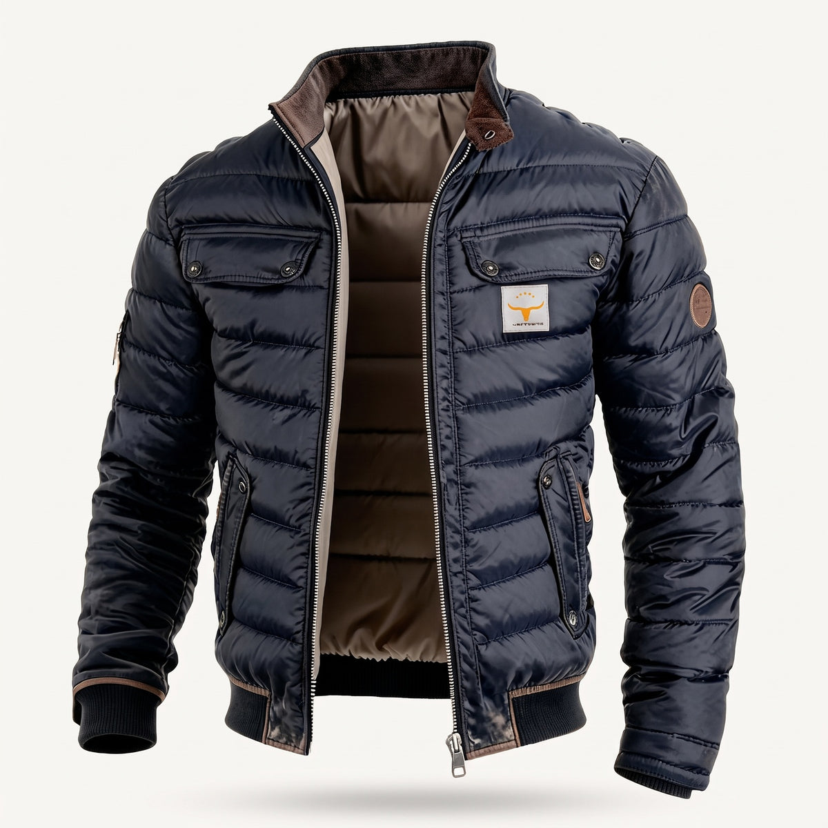 Men's quilted jacket with a brown stand collar and chest flap pockets - view 3