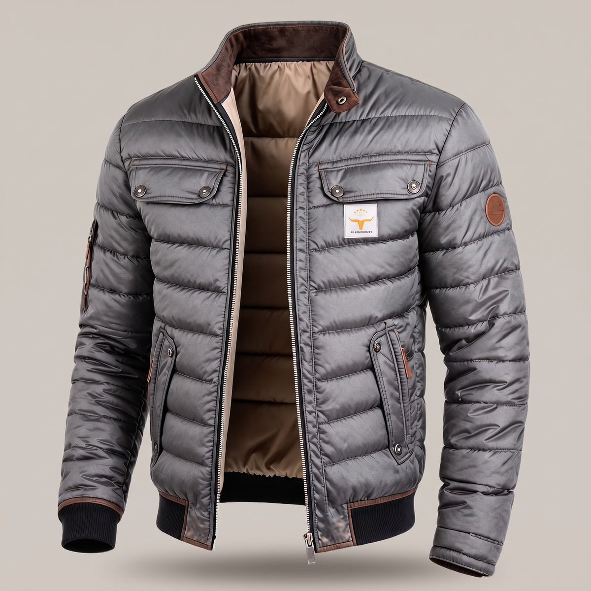 Men's quilted jacket with a brown stand collar and chest flap pockets - grey