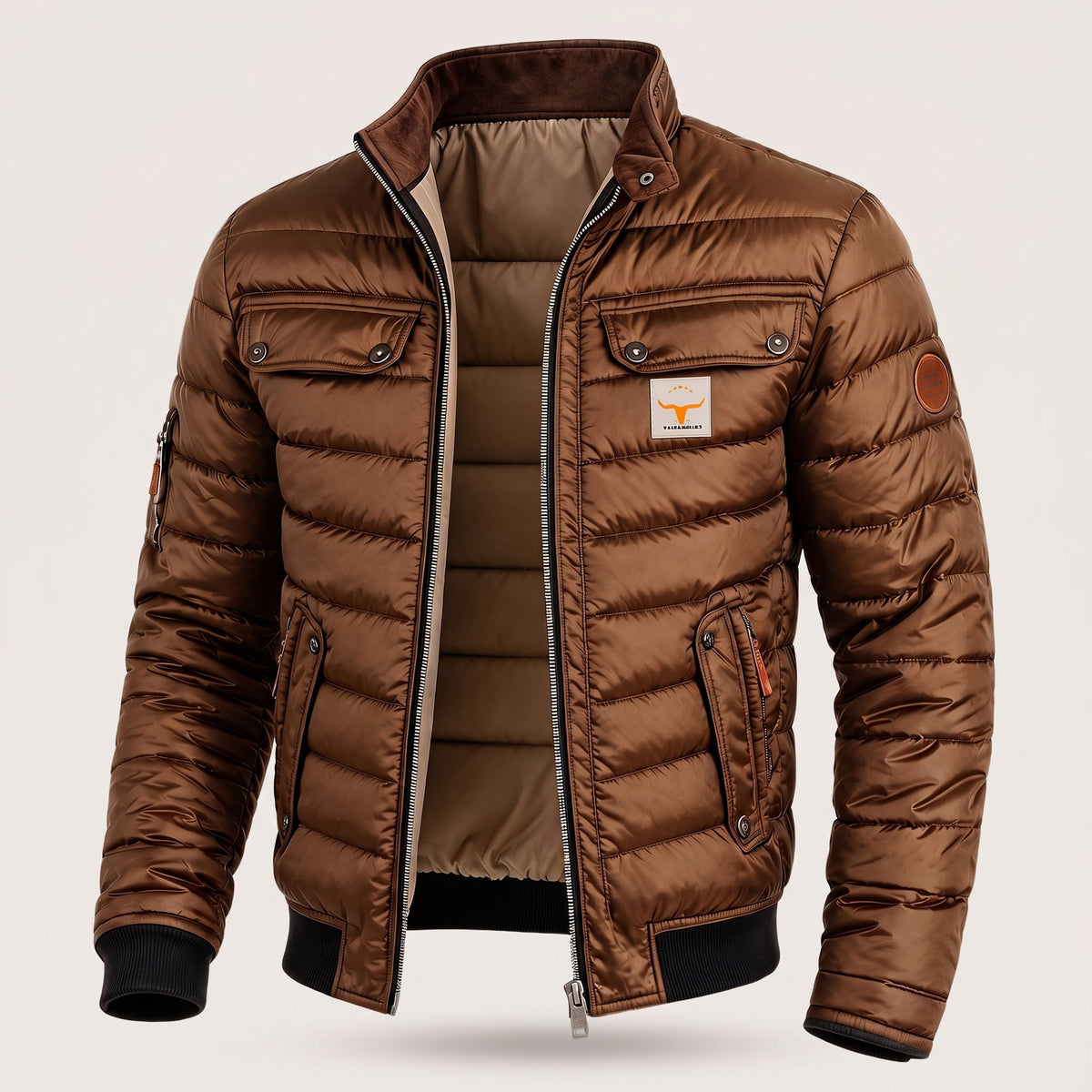 Men's quilted jacket with a brown stand collar and chest flap pockets - brown
