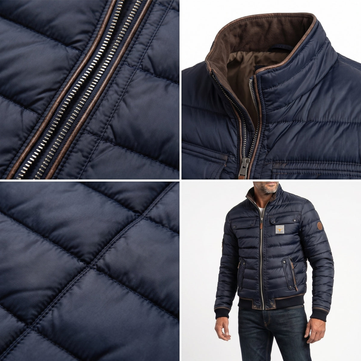 Men's quilted jacket with a brown stand collar and chest flap pockets - view 6