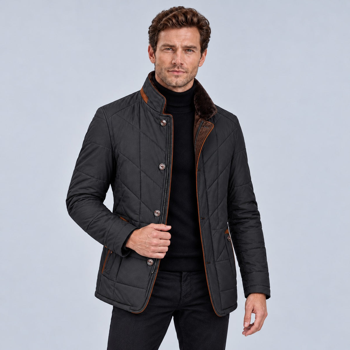 Men's quilted jacket with a stand collar, brown trim and a button front - black