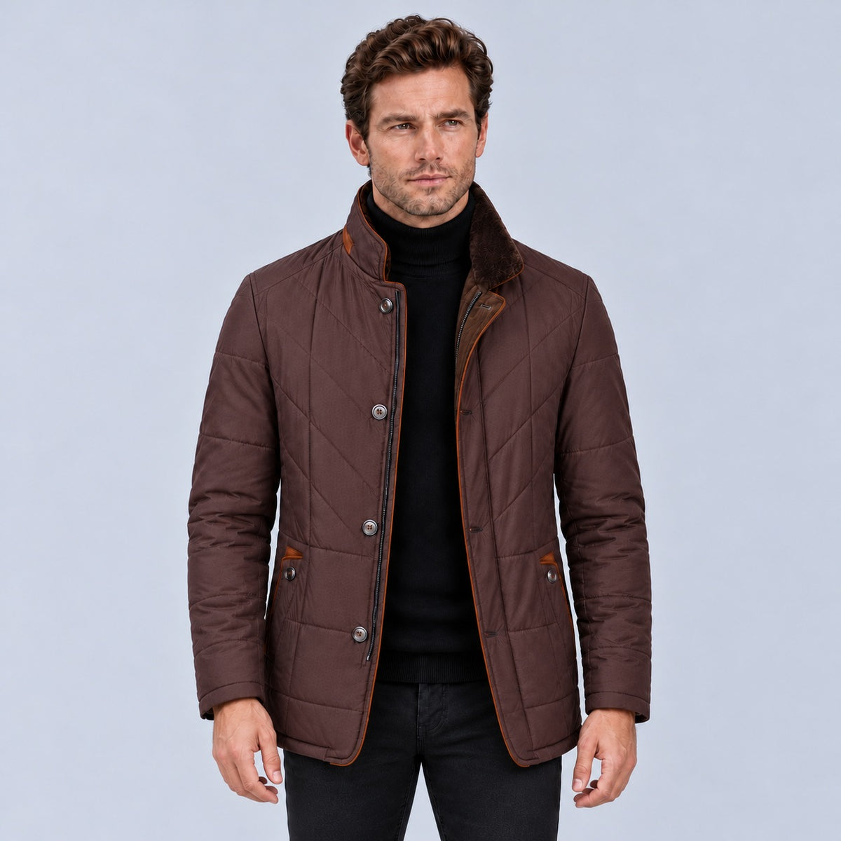 Men's quilted jacket with a stand collar, brown trim and a button front - burgundy