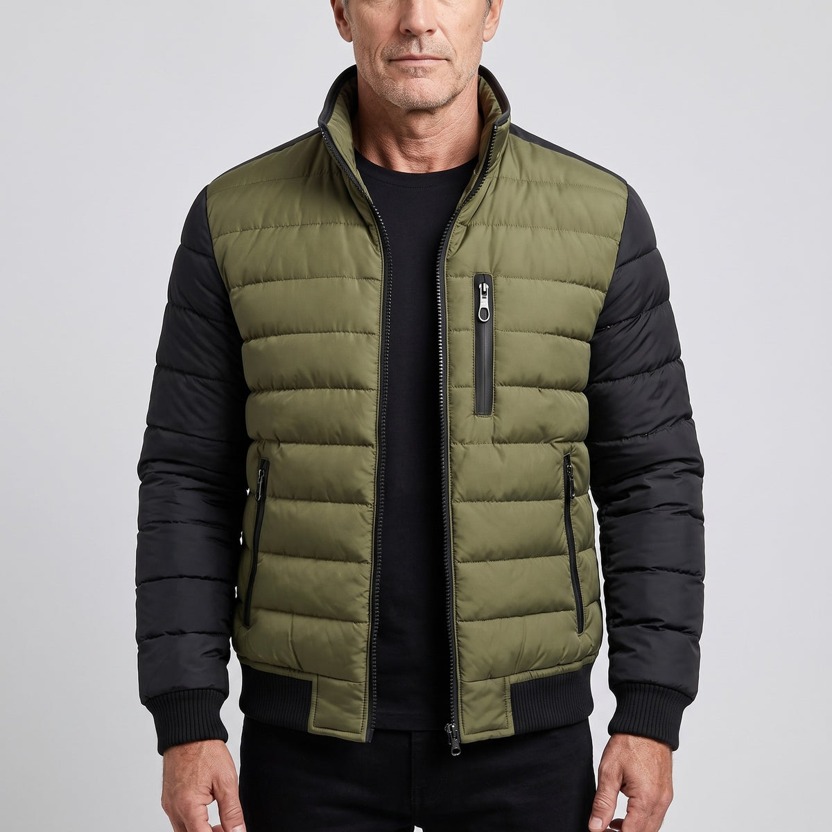 Men's quilted jacket with contrast sleeves and a chest pocket - olive/black