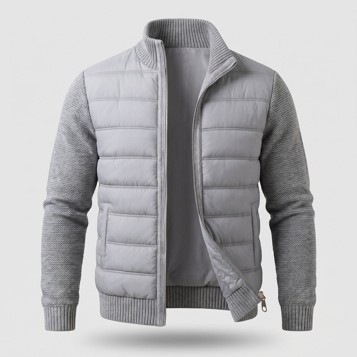 Men's quilted jacket with knitted sleeves and a stand collar - light grey