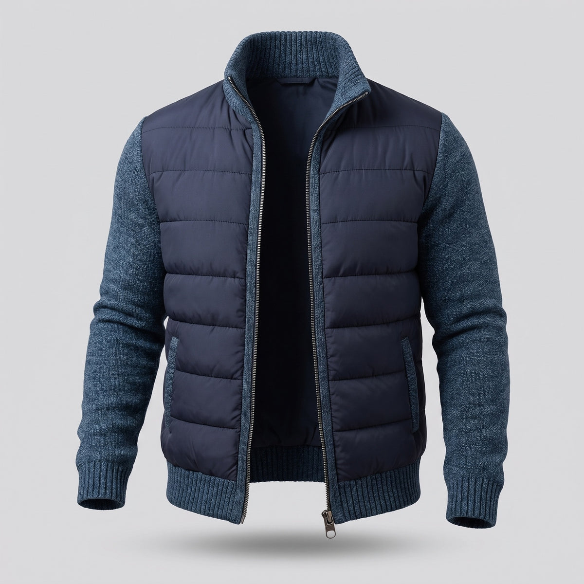 Men's quilted jacket with knitted sleeves and a stand collar - navy