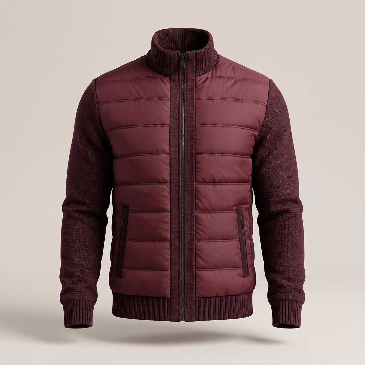 Men's quilted jacket with knitted sleeves and a stand collar - burgundy
