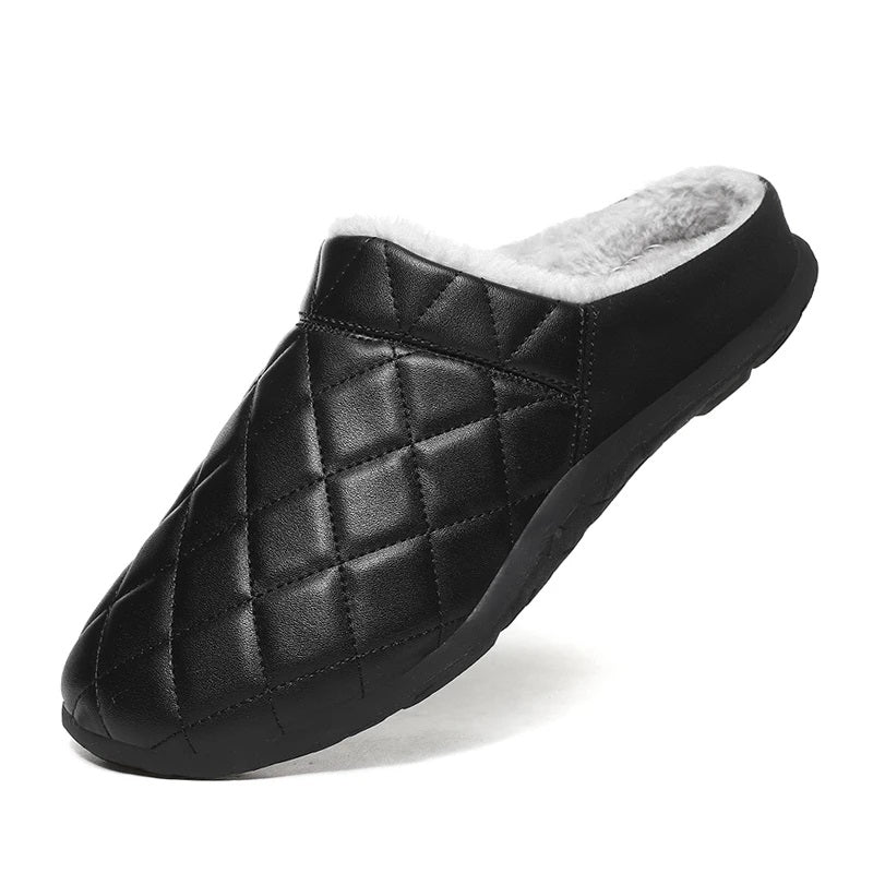 Men's quilted mule slippers with diamond stitching, plush lining and open back - black faux leather