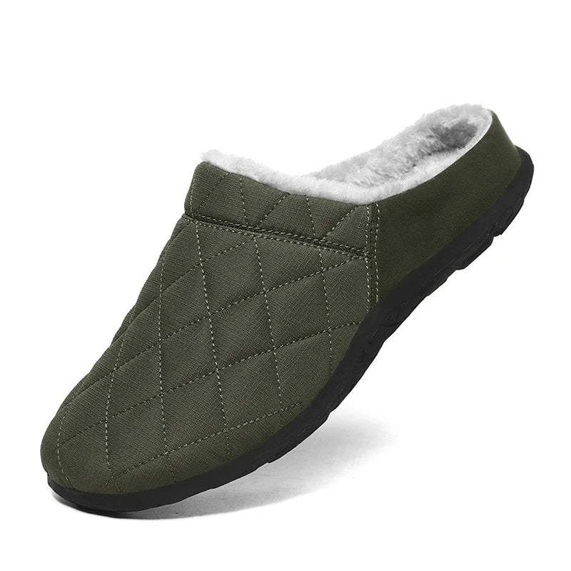Men's quilted mule slippers with diamond stitching, plush lining and open back - olive green