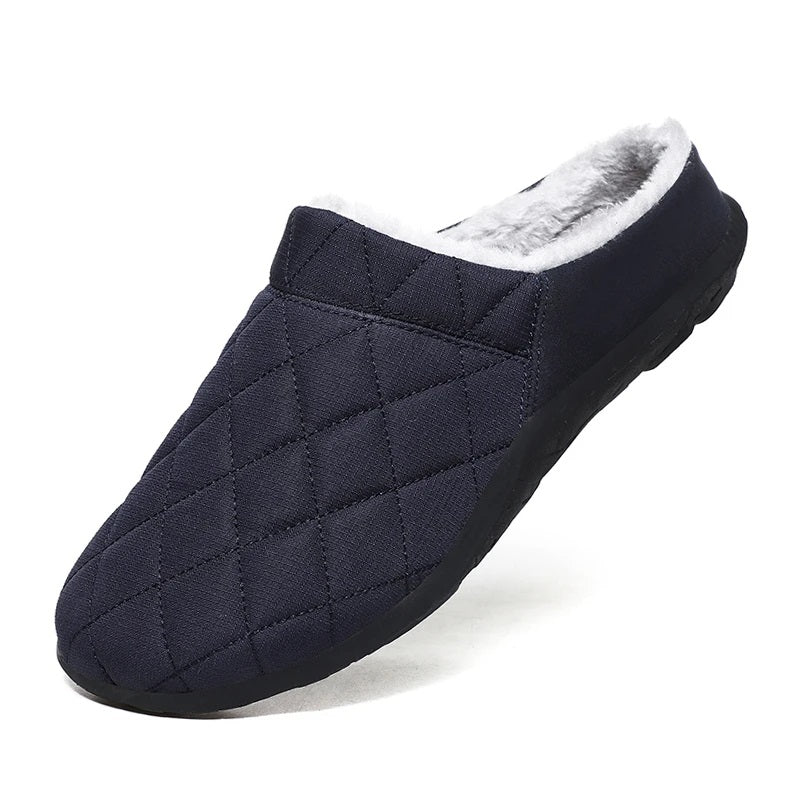Men's quilted mule slippers with diamond stitching, plush lining and open back - navy