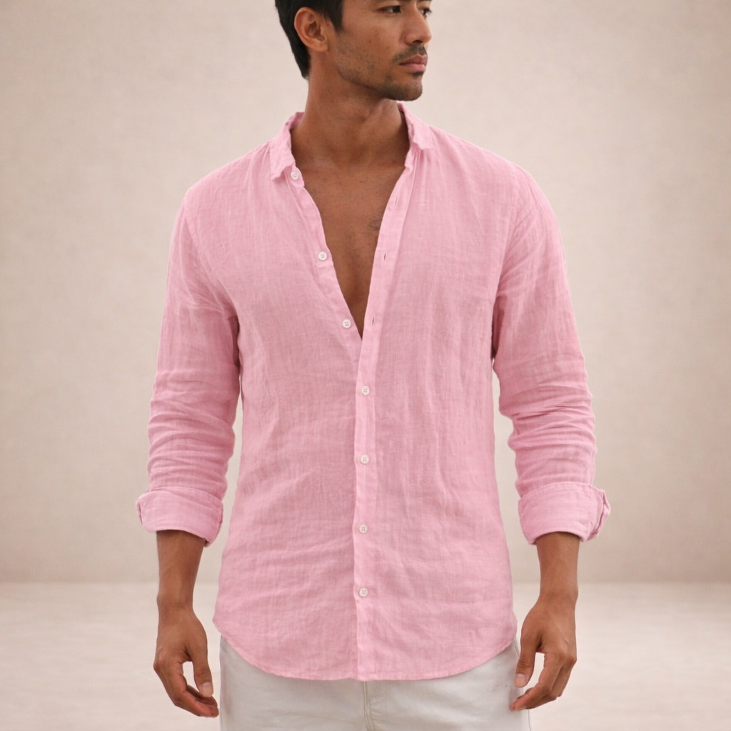 Men's regular fit shirt in a linen look with long sleeves, small collar and white buttons
