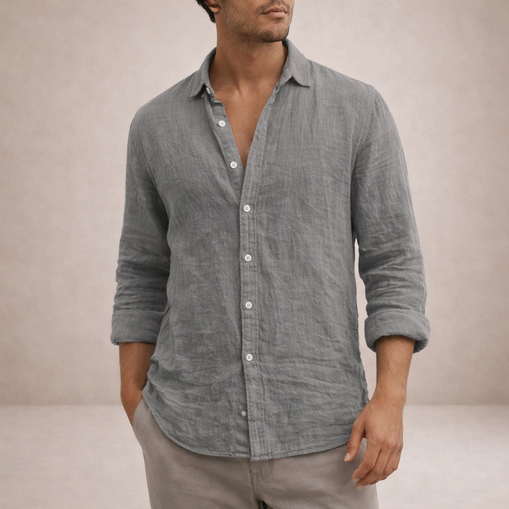 Men's regular fit shirt in a linen look with long sleeves, small collar and white buttons - grey
