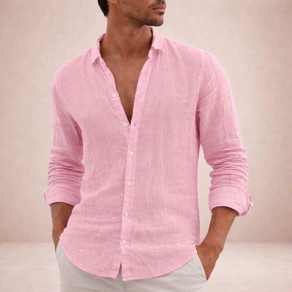 Men's regular fit shirt in a linen look with long sleeves, small collar and white buttons - pink