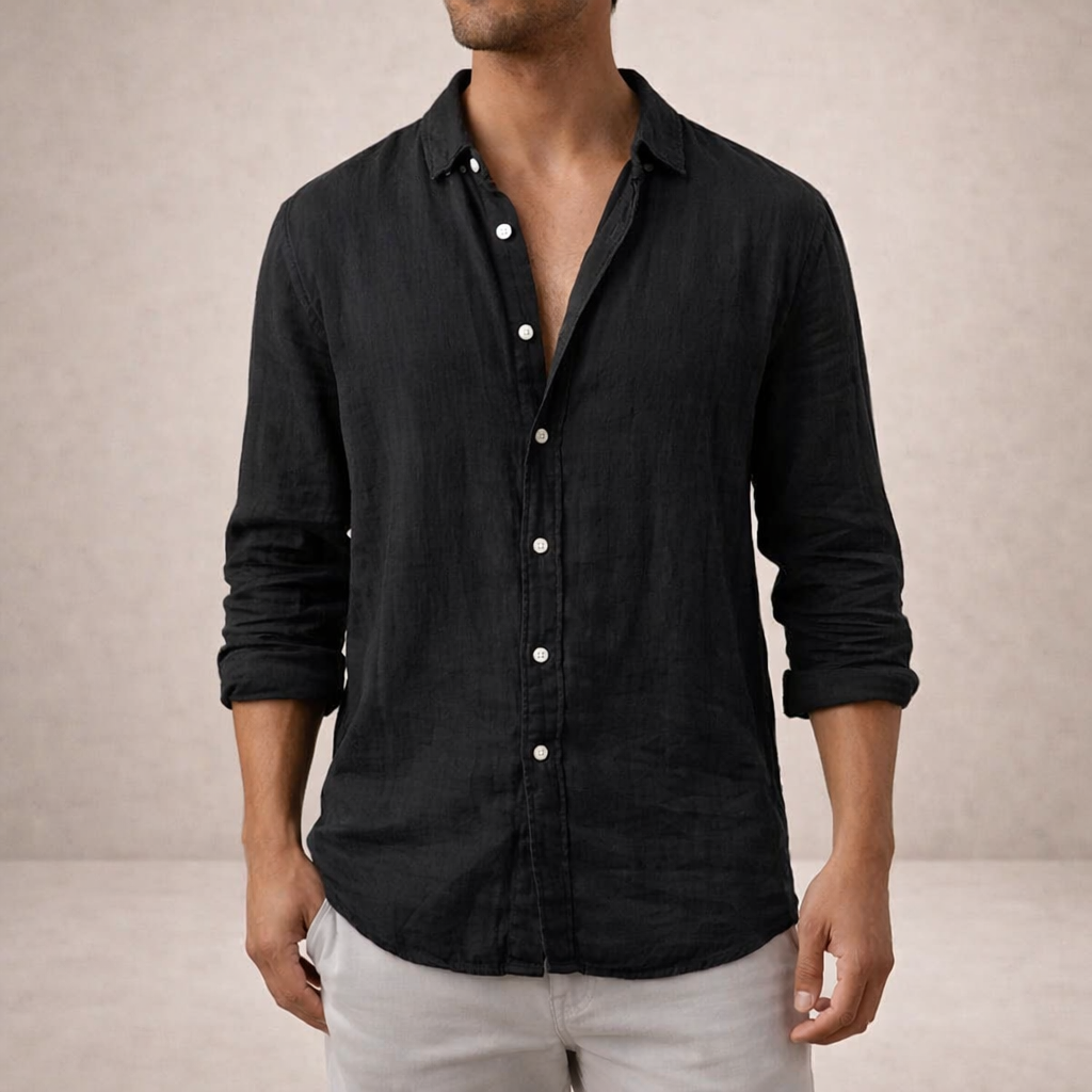 Men's regular fit shirt in a linen look with long sleeves, small collar and white buttons - black