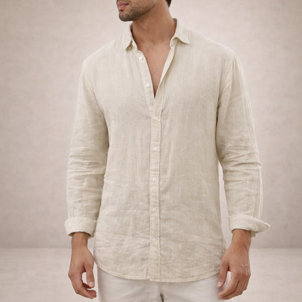 Men's regular fit shirt in a linen look with long sleeves, small collar and white buttons - ecru