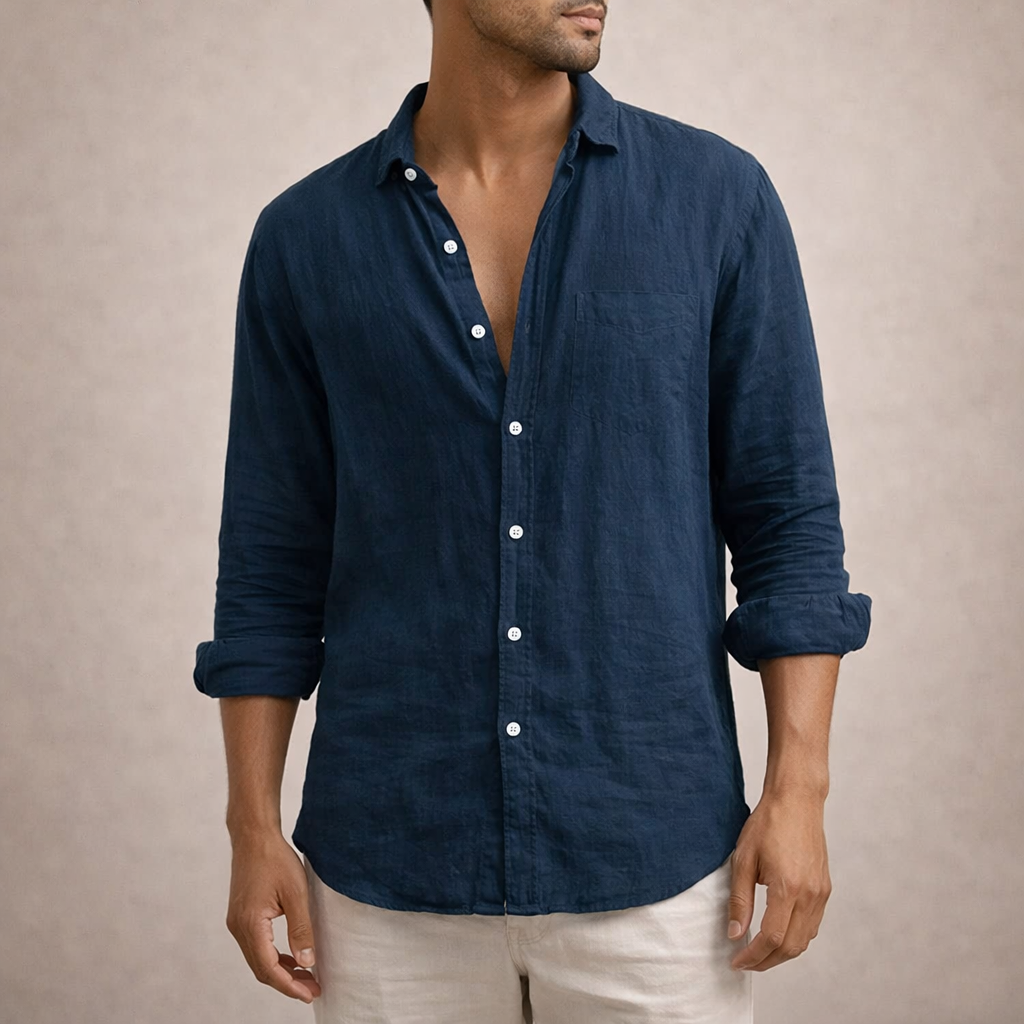 Men's regular fit shirt in a linen look with long sleeves, small collar and white buttons - navy