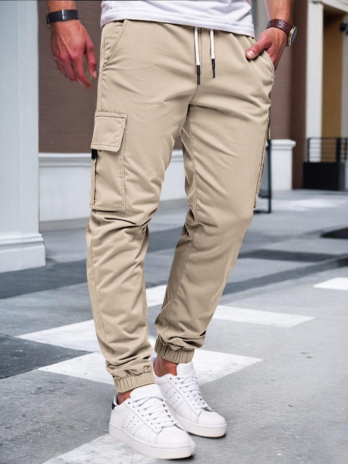 Relaxed cargo joggers for men with a drawcord waist, thigh flap pockets and cuffed ankles - view 10
