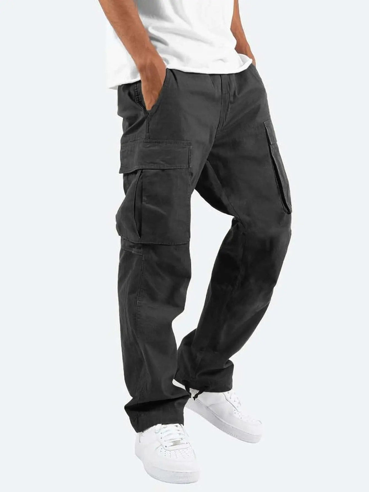 Men's relaxed cargo trousers with a drawcord waist and flap pockets - black