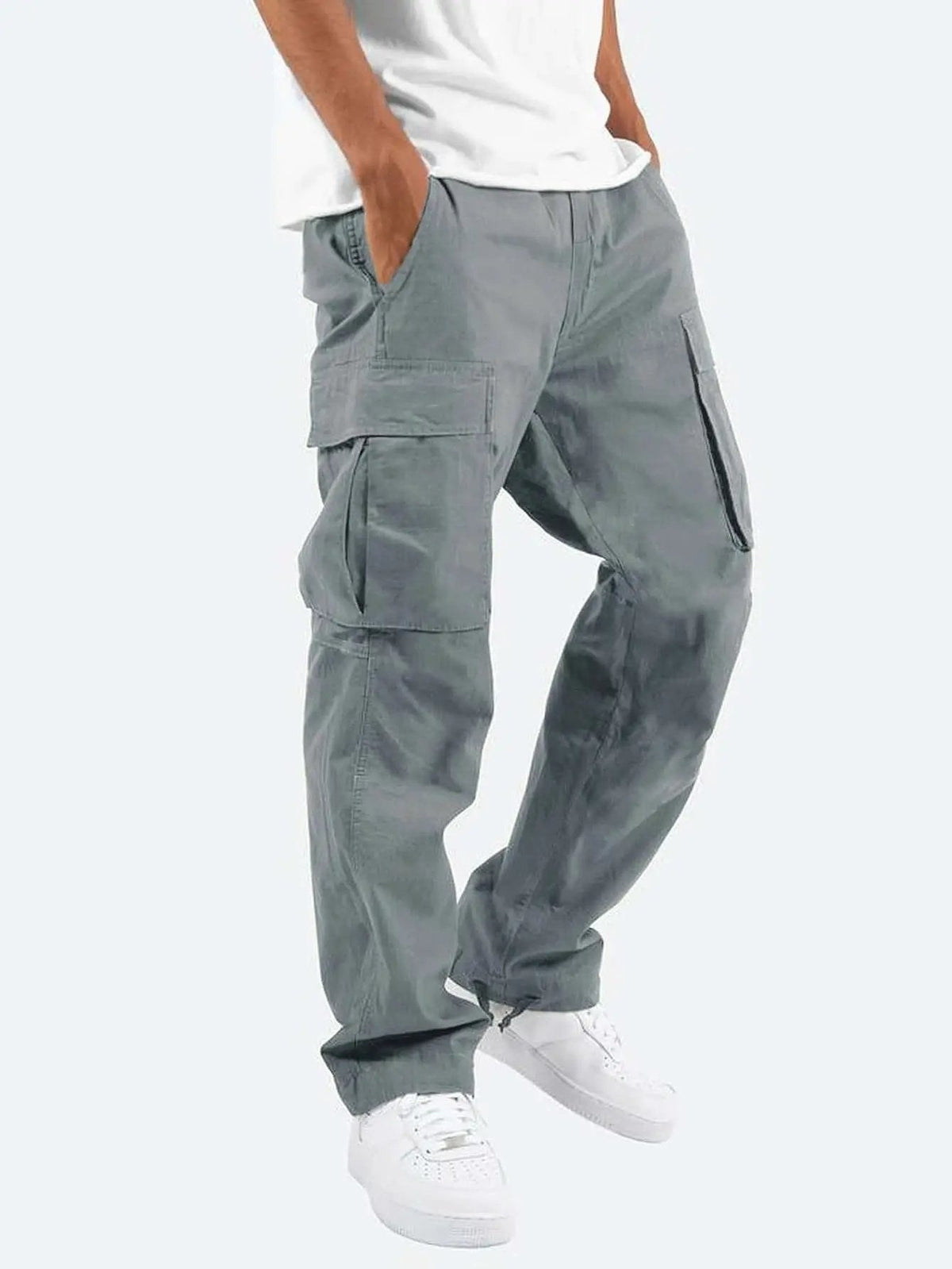 Men's relaxed cargo trousers with a drawcord waist and flap pockets - grey