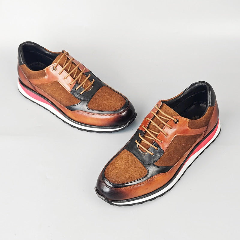 Men's retro faux leather trainers with a patina finish, matte panels and a red midsole stripe - view 3