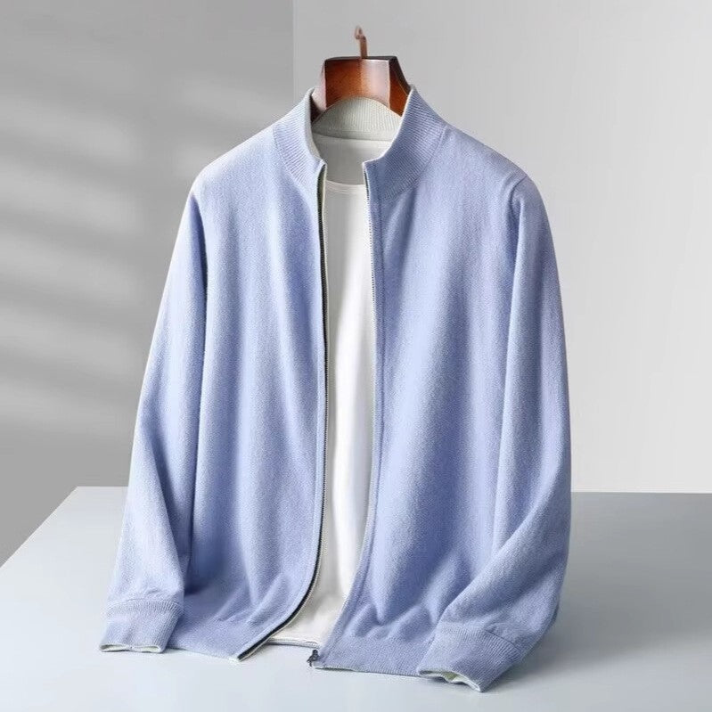 Men's reversible knitted zip cardigan with a stand collar - light blue