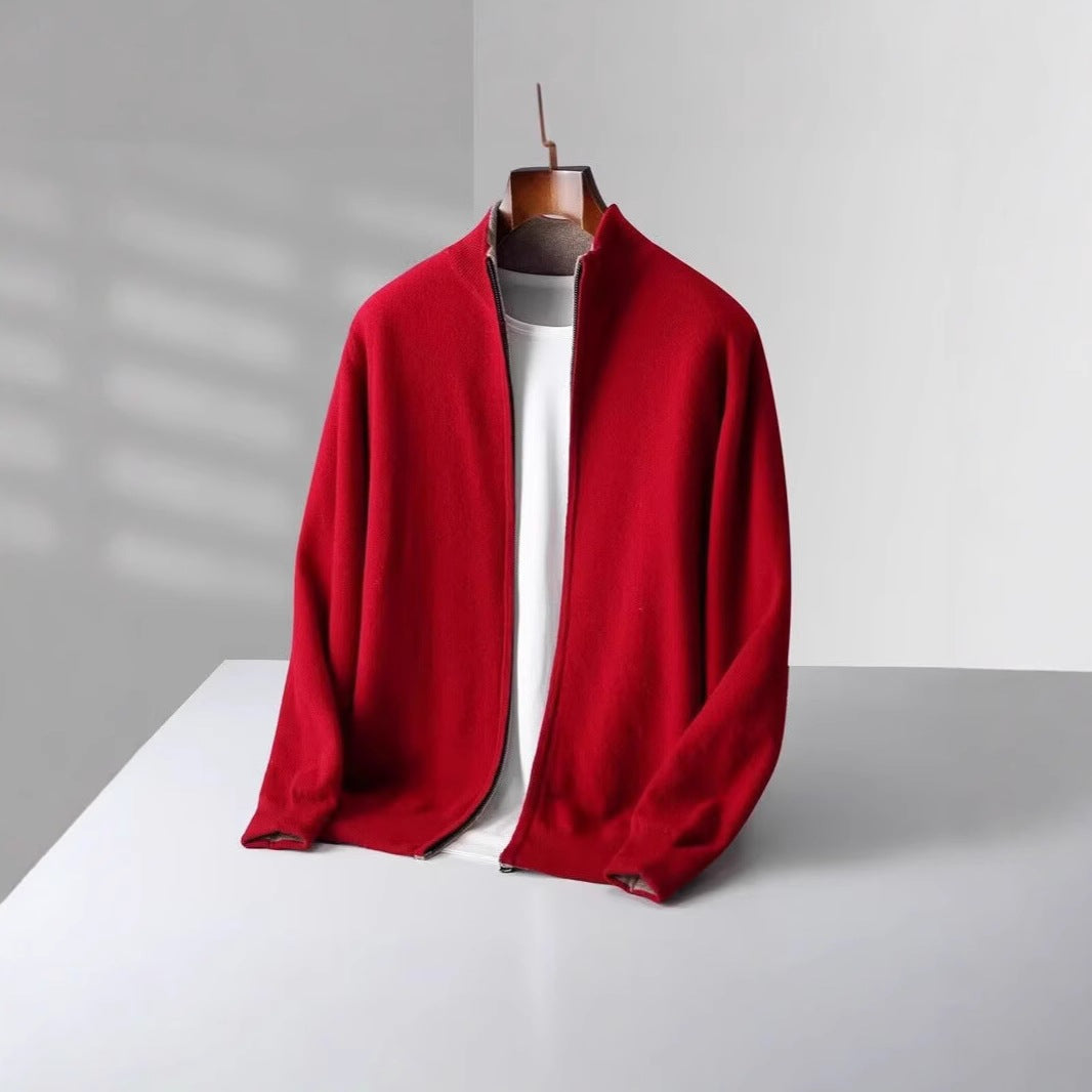 Men's reversible knitted zip cardigan with a stand collar - red