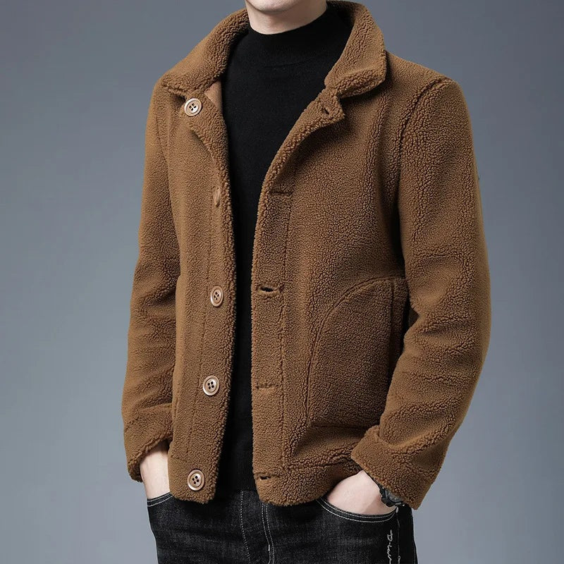 Men's reversible teddy jacket with a suede-look reverse side - brown