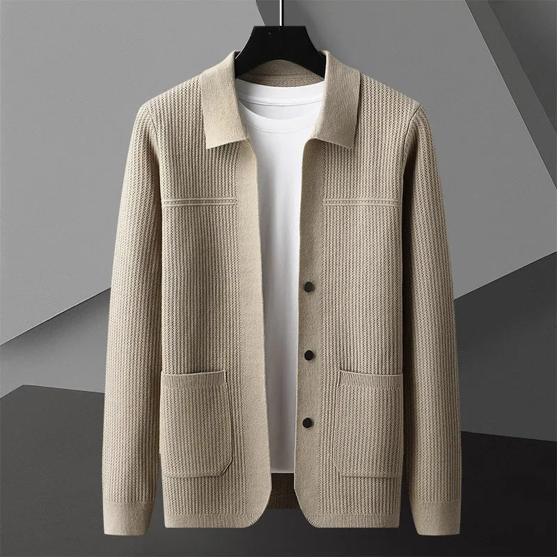 Men's ribbed knit cardigan with a shirt collar, buttons and patch pockets - stone